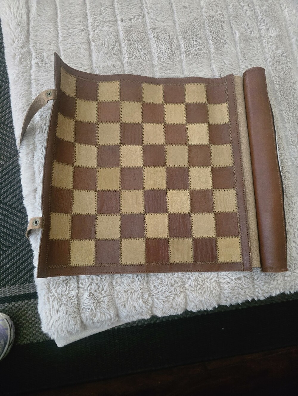 Leather Chess Set With Reversible Checker And Chess Pieces Roll Up Game